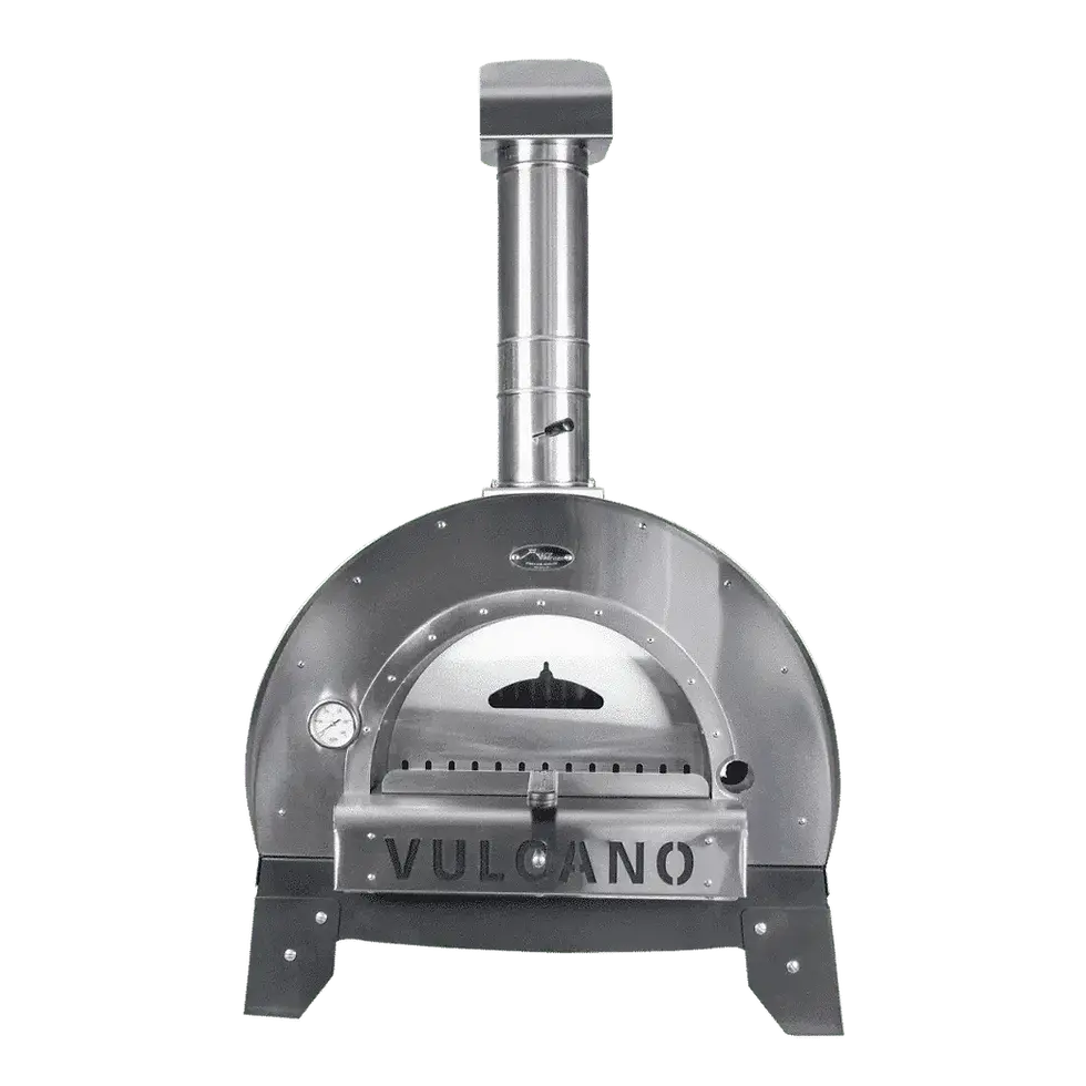 Four à pizza en acier Inox vue de façe avec porte fermée et cheminée