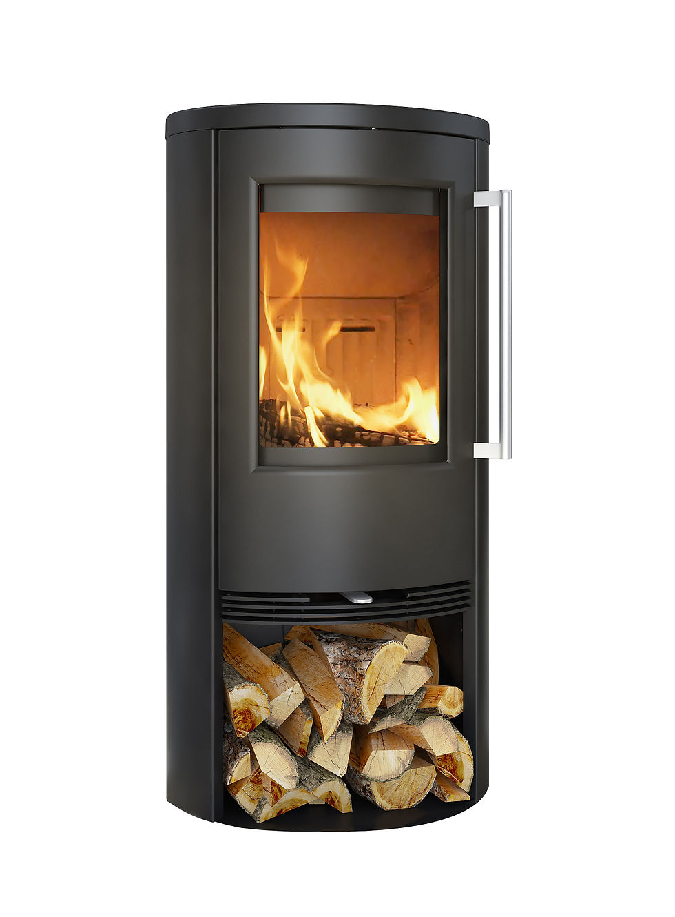 Thumbnail: poêle à bois scandinave en fonte et acier noir avec bûcher
