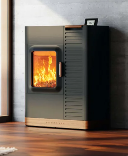 Miniature : Poêle mixte Mo Duo en version acier noir, combinant combustion au bois et aux pellets avec grande chambre de combustion