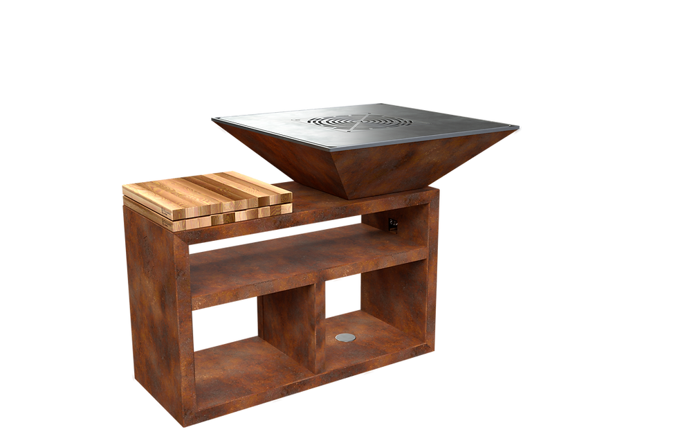 Miniature : brasero en acier corten avec plan de travail intégré et planches à découper en bois