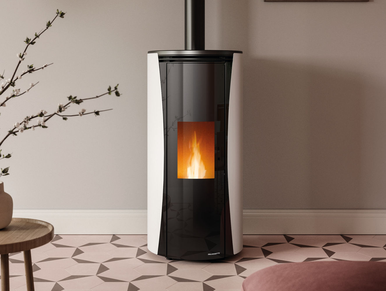 Poêle à pellets Vivi Palazzetti avec sortie de fumées par dessus, en acier blanc