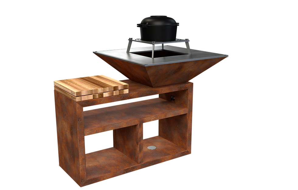 Miniature : brasero en acier corten avec plan de travail intégré et planches à découper en bois