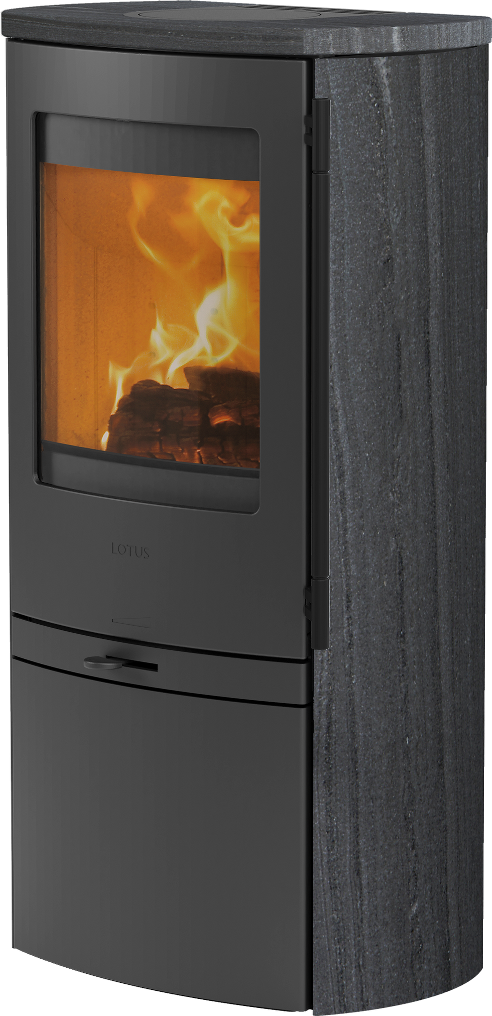 Thumbnail: Poêle à bois Jubilee 20 avec habillage en pierre Indian Night, design élégant et accumulation thermique optimale