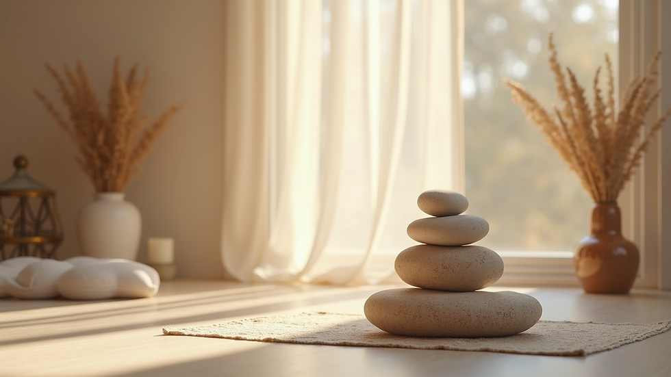 Eye-level view of a serene meditation space with calming decor