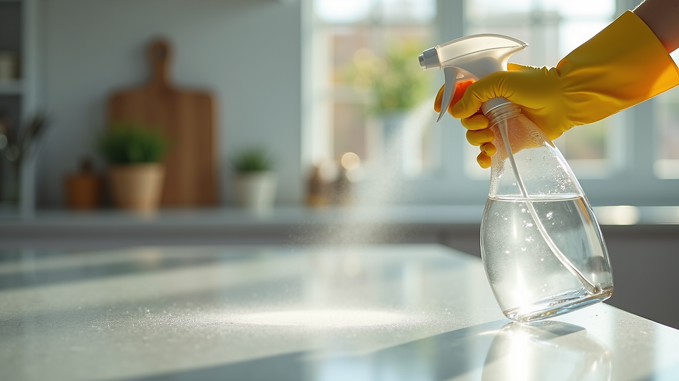 Close-up view of a cleaning professional spraying eco-friendly cleaning solution on a kitchen countertop