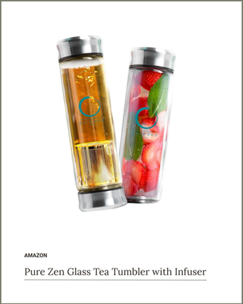 Glass tea tumbler with removable infuser, perfect for loose leaf tea, detox water, and infused drinks.