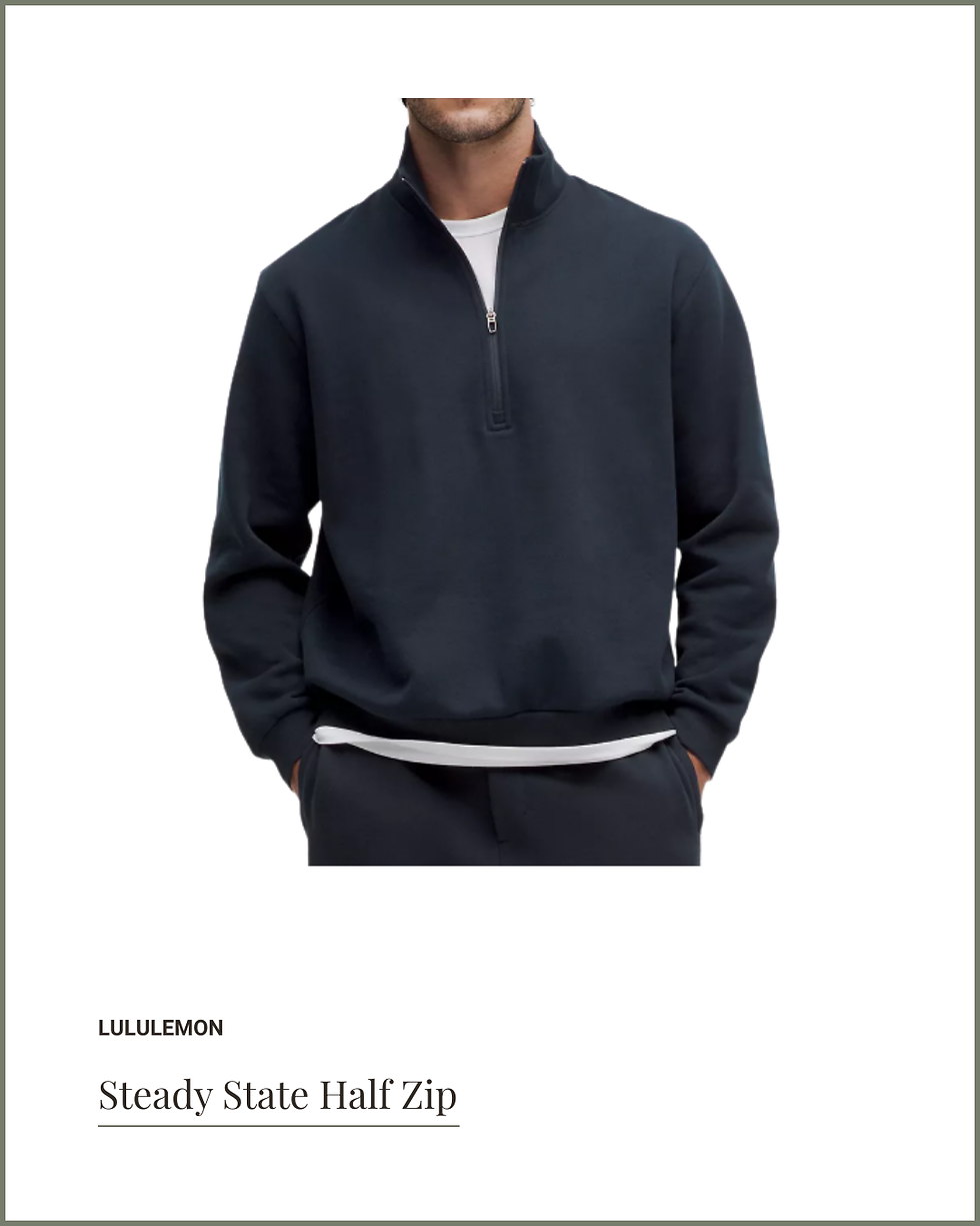 Man wearing a dark half-zip pullover with white shirt peeking out, against a plain background. Text: "Lululemon Steady State Half Zip".