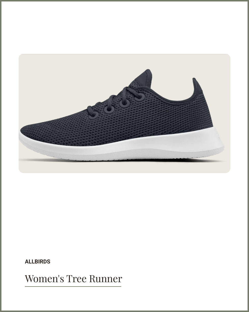 Dark gray sneaker with white sole on a beige background. Text below reads "ALLBIRDS Women's Tree Runner."