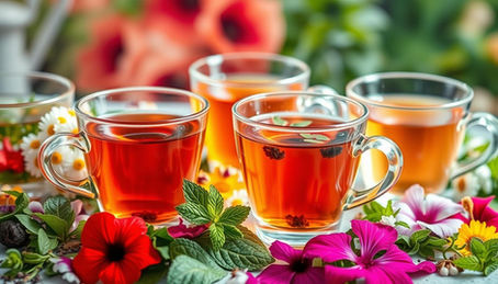 Four glass cups of herbal tea surrounded by vibrant flowers and leaves on a table. Bright colors and a fresh, soothing atmosphere.