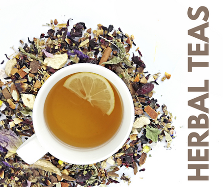 Cup of herbal tea with a lemon slice, placed on a mix of dried herbs. Bold text "HERBAL TEAS" on the right. Fresh and calming vibe.