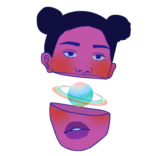 A purple girl black-haired girl with two puffs of hair, half of her face is divided by a rotating planet resembling Saturn, while the rest of her face is visible. The image is colorful and visually striking."