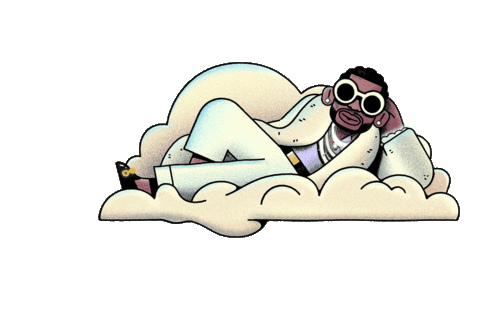 The image depicts a stylish and confident character, with a pimpish appearance, laying on his side in a relaxed position. He is wearing a large white fur coat, circular shades, and has a short, clean haircut. This image represents the glamour and extravagance often associated with the music industry and the lifestyle that it can afford. The character's posture and expression suggest a sense of calm and confidence, and convey the idea of waiting for something important. The use of fur and shades symbolize luxury and power, while the clean haircut emphasizes attention to detail and personal style.