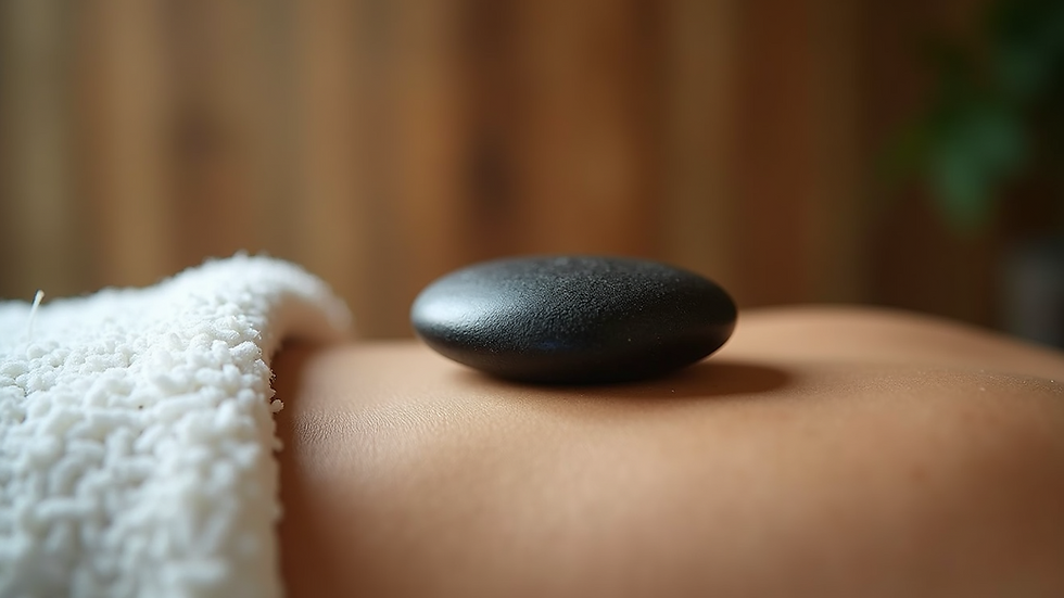 Close-up view of a single hot stone placed on a person's back during massage