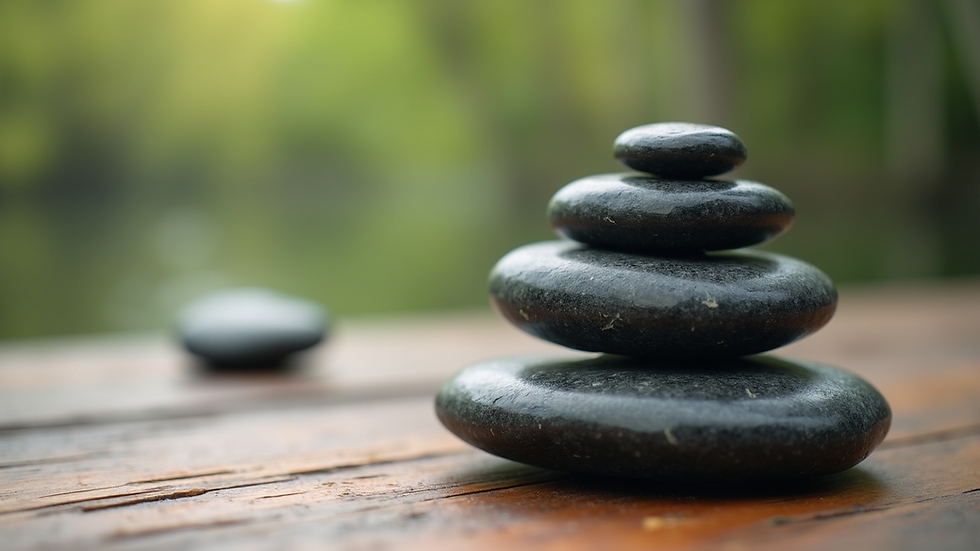 Close-up view of smooth basalt stones arranged on a wooden surface