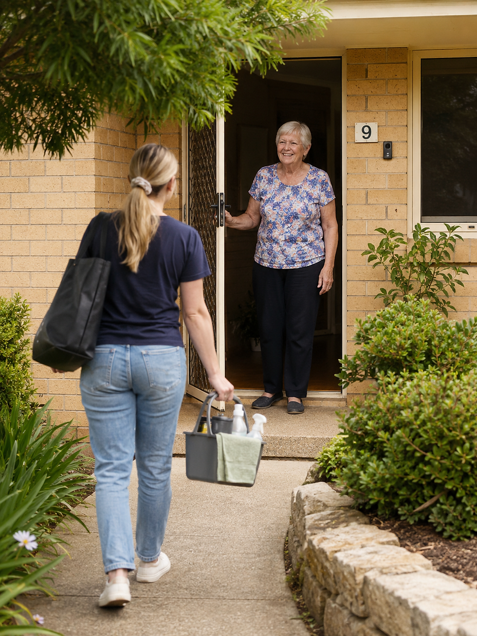Caregiver providing veteran home assistance to senior woman.