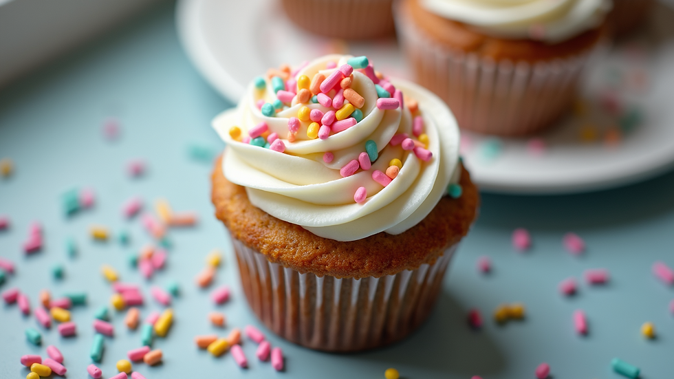 High angle view of a cupcake topped with colorful sprinkles