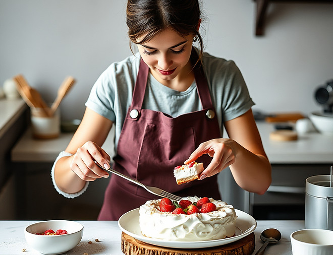 Woman decorating a fresh cream cake with strawberries in a modern kitchen, showcasing dessert preparation.