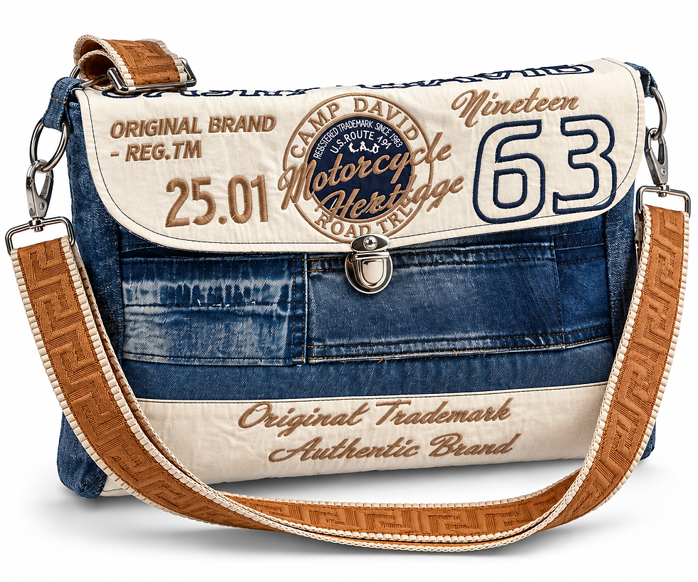 Denim 63 Rebel Unisex Upcycling Messenger Bag aus blauem Denim und hellem Herrenhemd mit 63 Vintage-Motiv