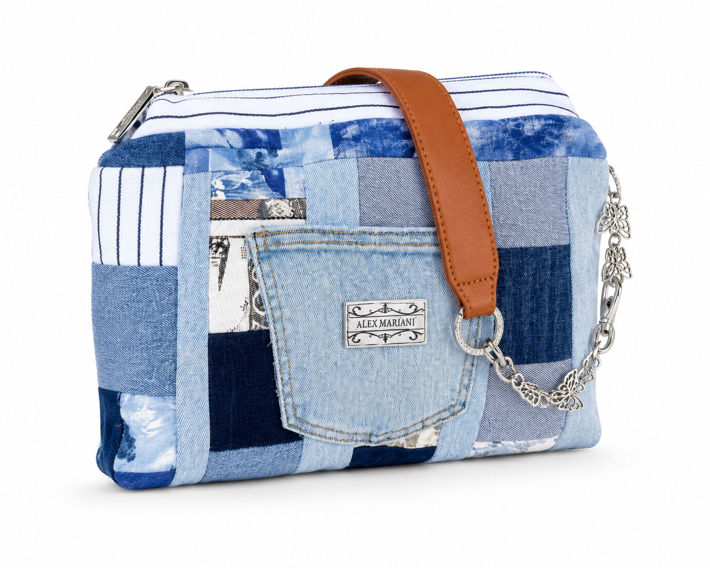 Blue Butterfly Jeans Handtasche aus Patchwork Denim mit dekorativer Schmetterlingskette