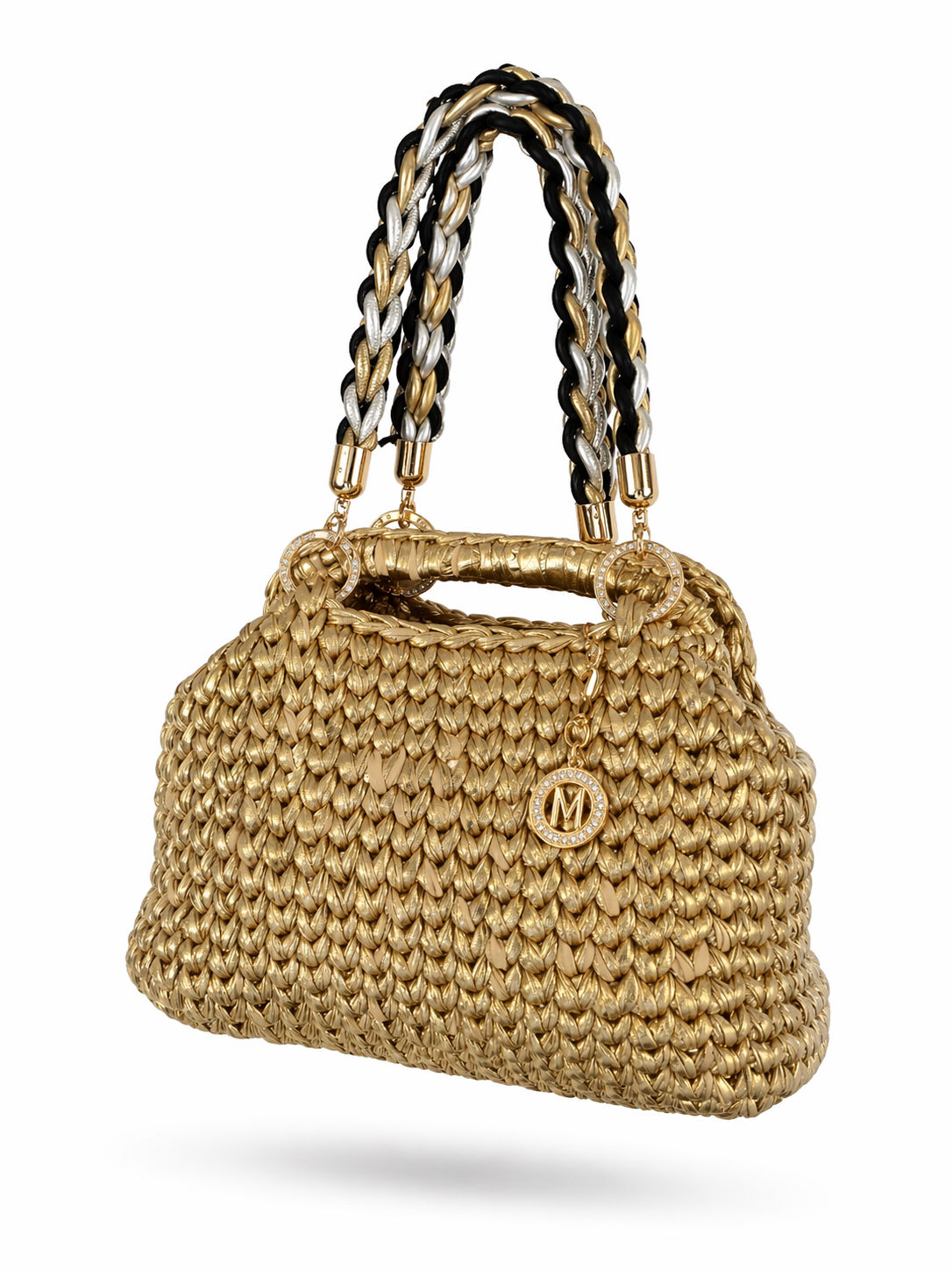Golden Empire Häkeltasche von Atelier Alex in luxuriösem Gold mit geflochtenen Trägern und eleganten Schmuckdetails