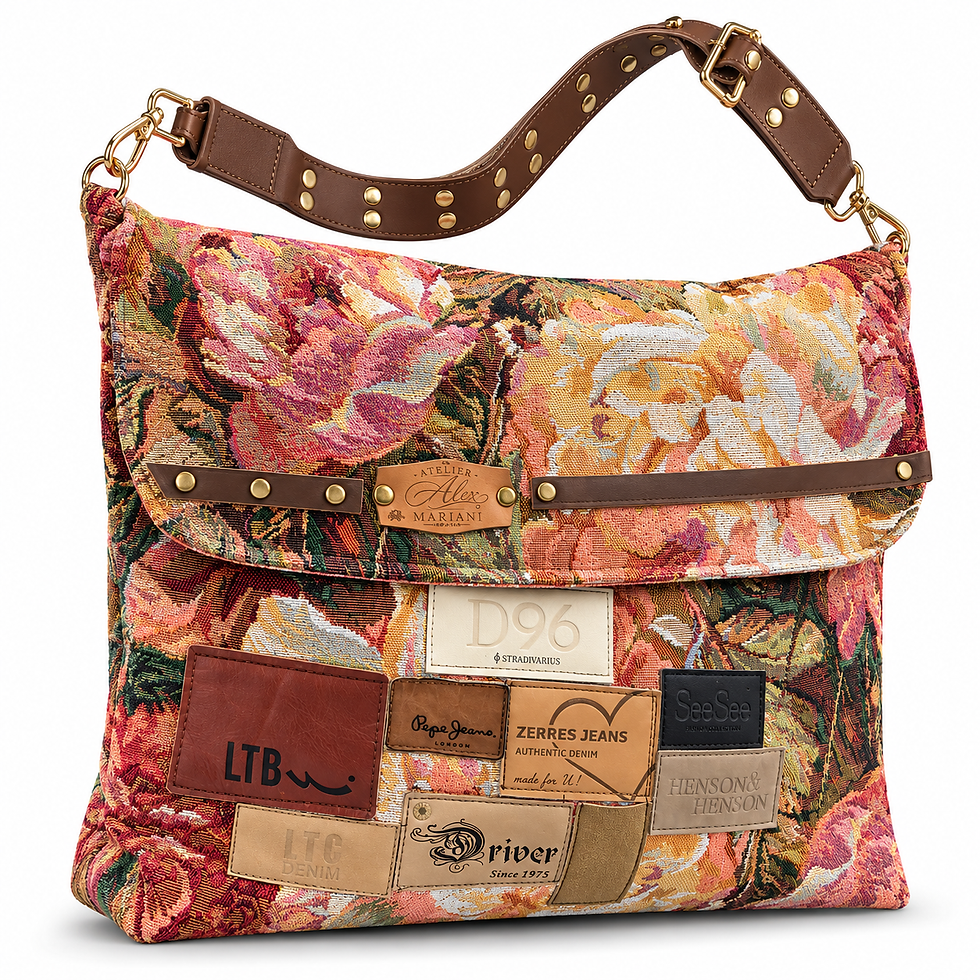 BOHO REBEL ROSE – florale Gobelin Schultertasche mit Upcycling-Jeanslabels, braunem Nietenriemen und Atelier-Alex-Logo.