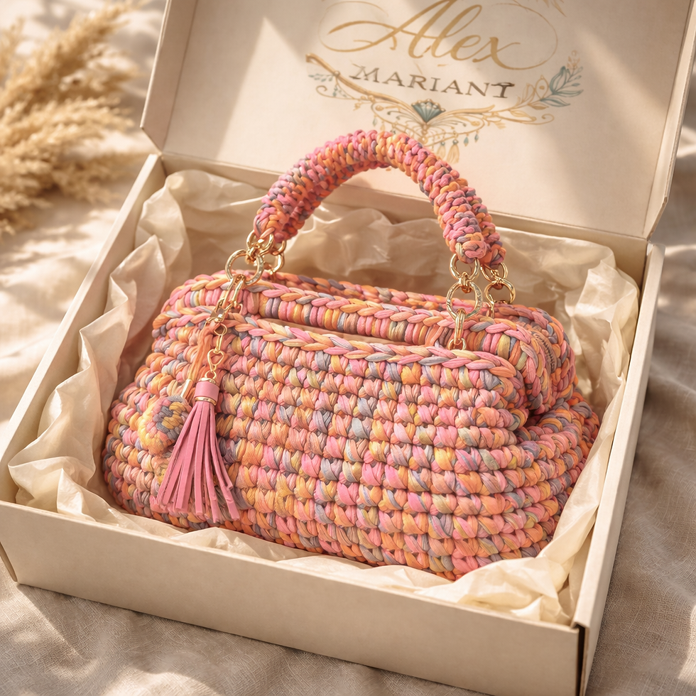 Miniaturbild: Candy Glam Bag – Handgehäkelte Clutch in Rosa & Gold