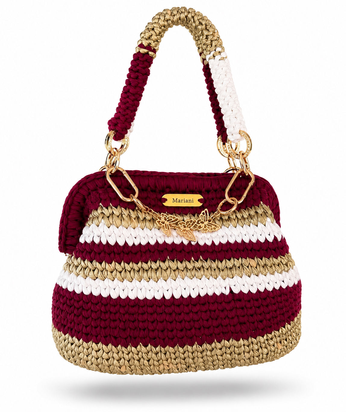 Rubina Gold Häkel Handtasche in Bordeaux, Gold und Creme mit Schmetterlingsdetails