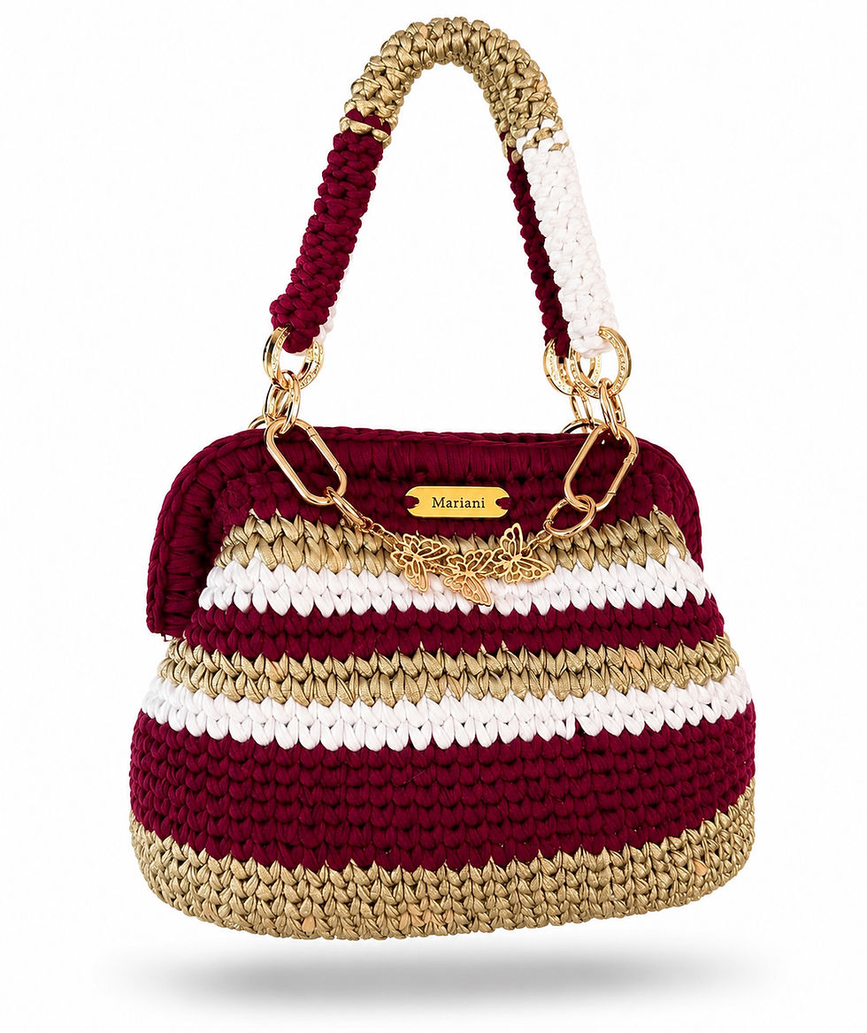 Rubina Gold Häkel Handtasche in Bordeaux, Gold und Creme mit Schmetterlingsdetails