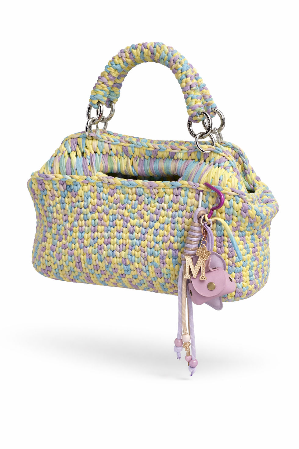 Handgemachte Pastell Clutch Candy Breeze in Gelb, Lavendel und Himmelblau mit dekorativen Anhängern
