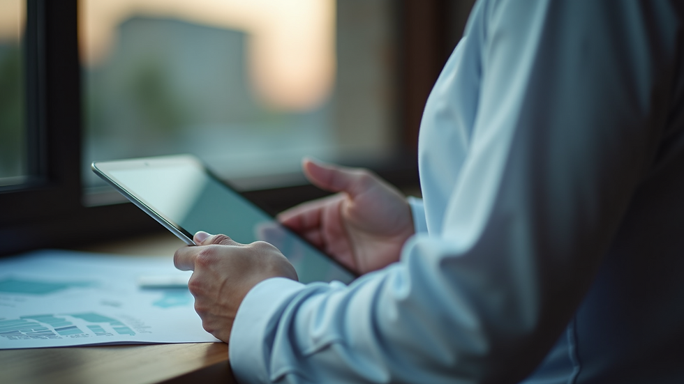 Close-up view of a professional reviewing digital documents on a tablet