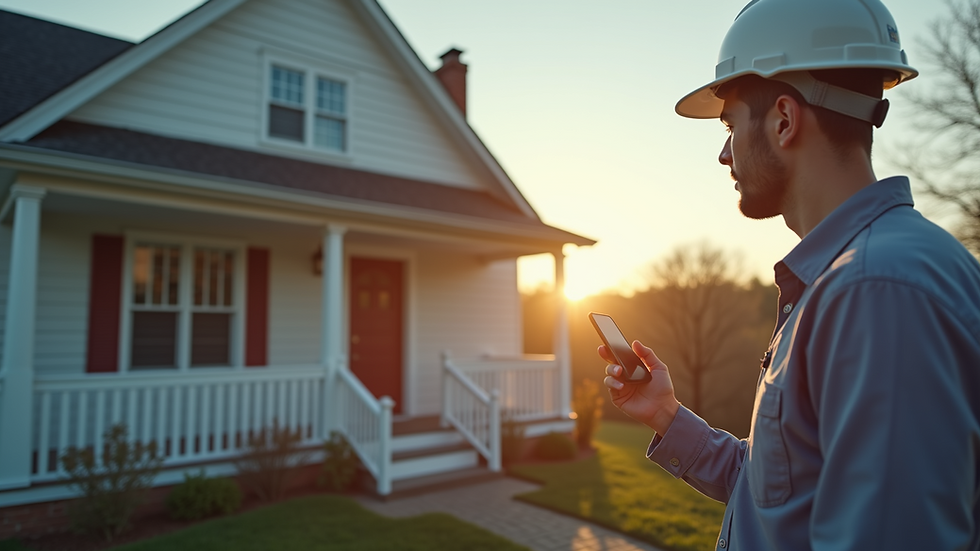 Eye-level view of a home inspector examining a house exterior