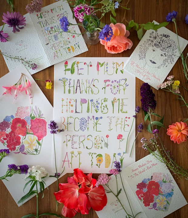 hand lettering colourful pencil drawings of flowers and a Mother's Day message of love at Seeds to Memories.