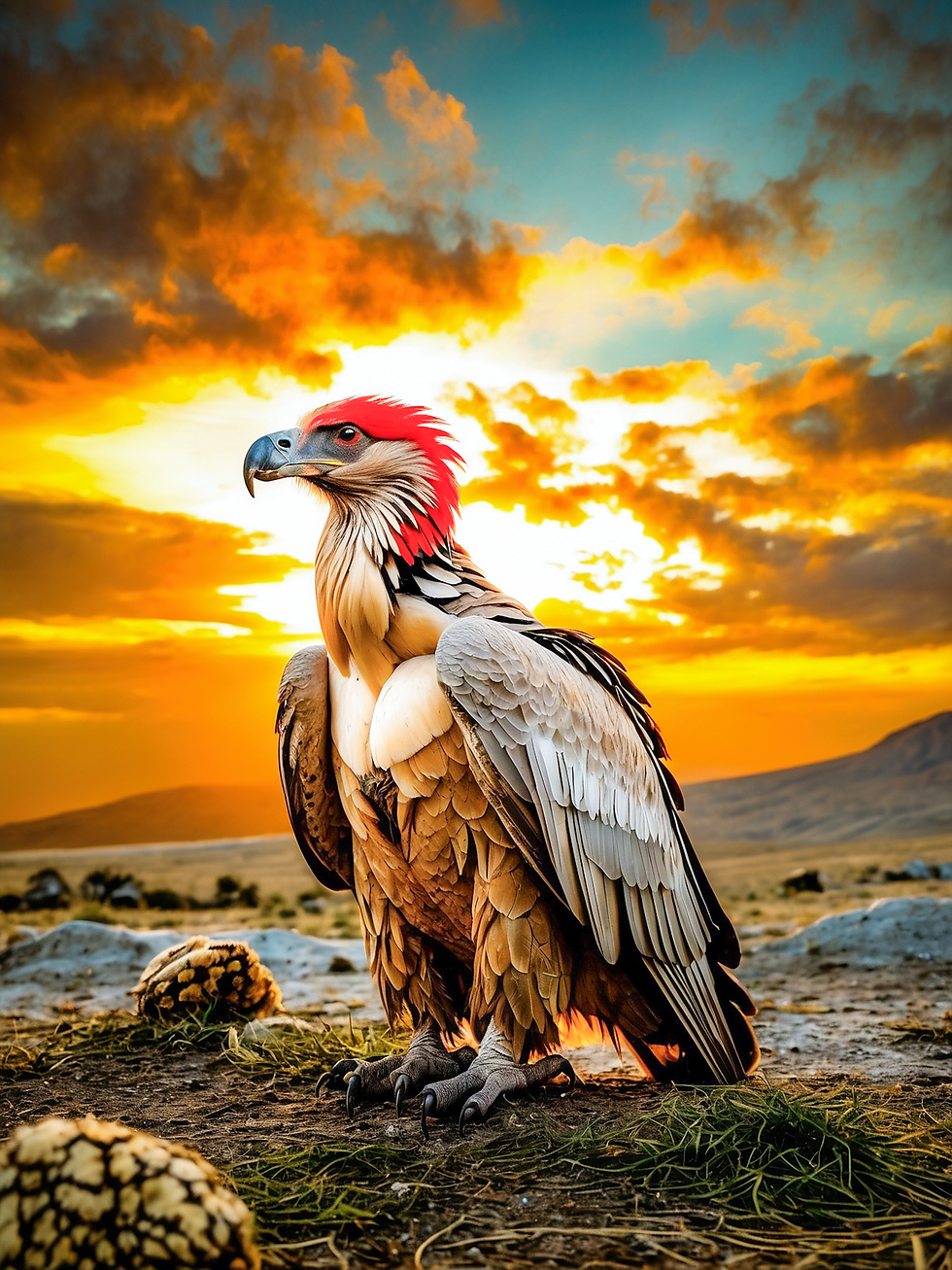 Den rødhodede gribben sitter på kanten av reiret den har på den høyeste fjelltoppen og speiler seg i den vakre solnedgangen