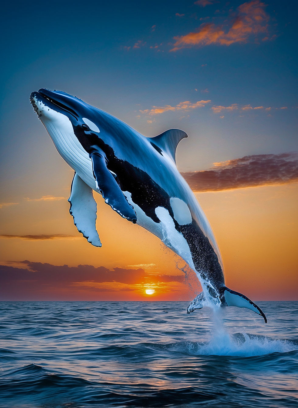 Spekkhoggeren leker seg i den fargerike solnedgangen ved å hoppe høyt opp i lufta