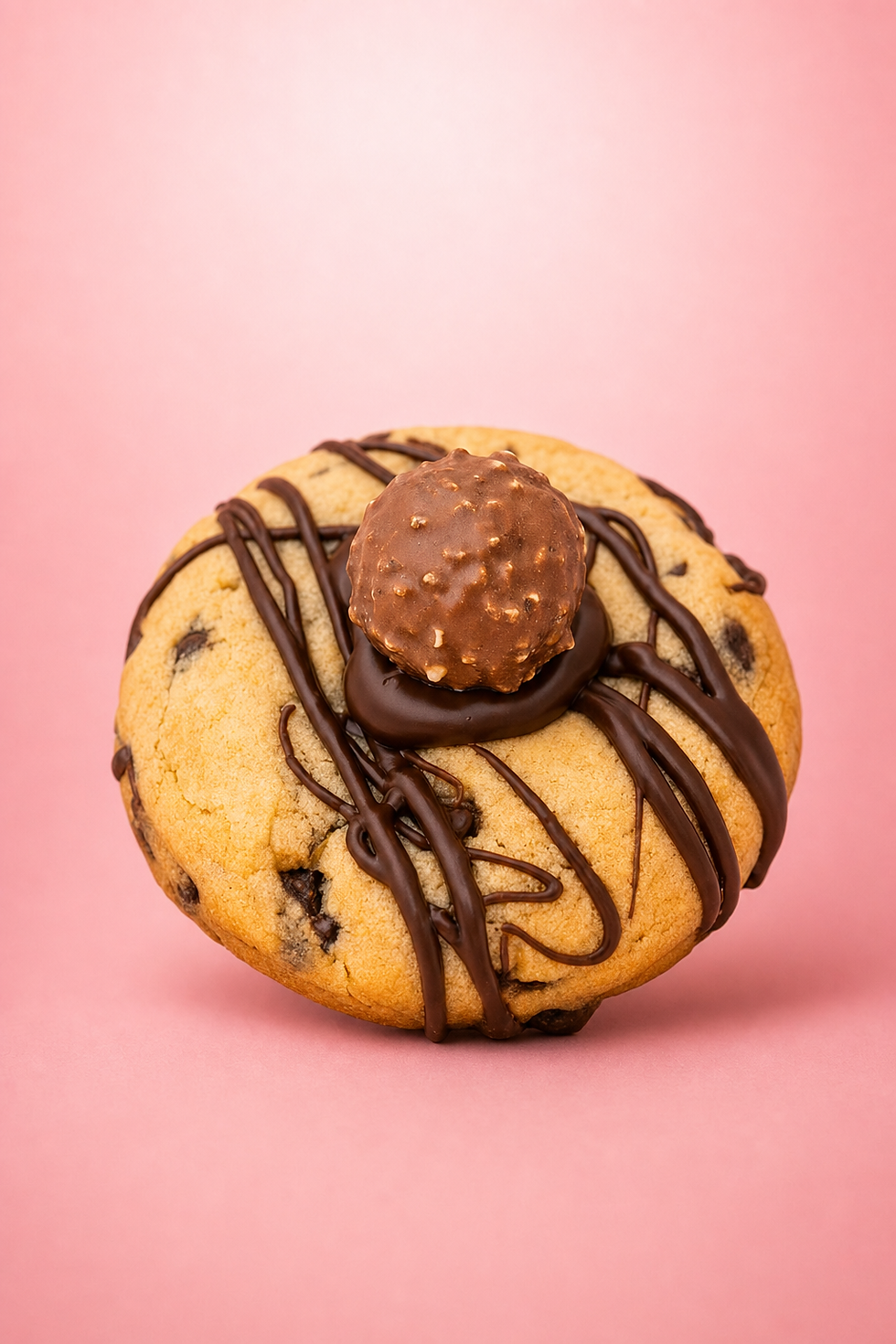 Nutella Stuffed Cookie with chocolate drizzle and Ferrero Rocher topping.