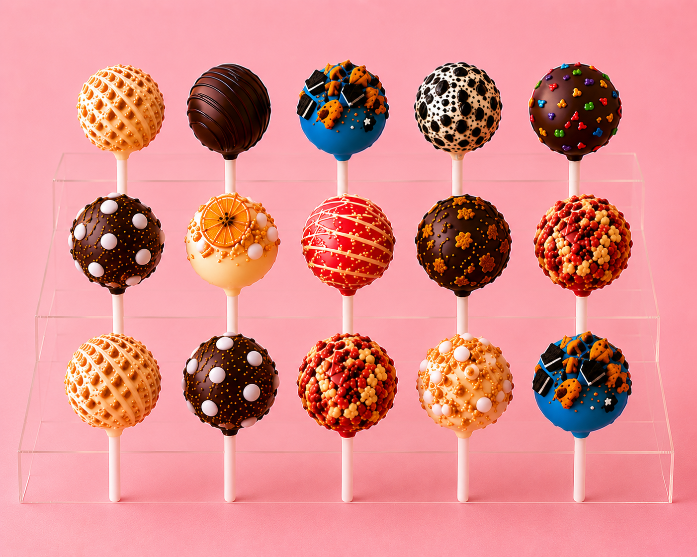 Assorted handcrafted cake pops displayed on a tiered stand against a pink background