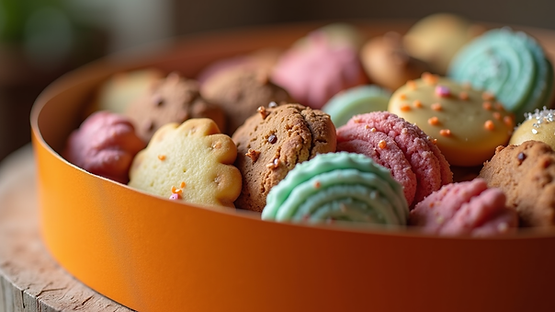 Close-up view of a colorful assortment of gourmet cookies arranged in a gift box