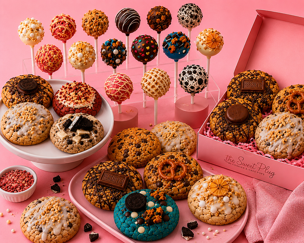 Assorted gourmet cookies and cake pops from The Sweet Plug bakery