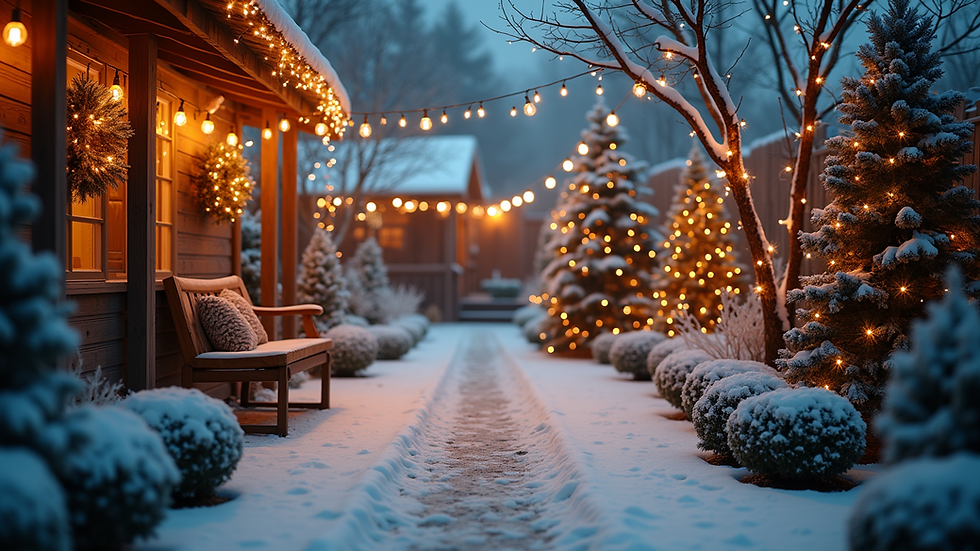 Eye-level view of a cozy winter garden adorned with festive decorations