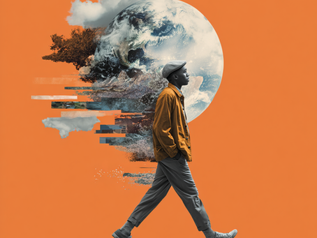 man walking past spinning earth