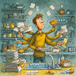 cartoon of man multitasking, multiple arms, worried face