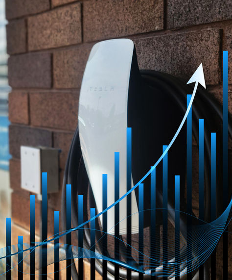 An image of a tesla level 2 charger on a brick wall. A graph with bars going consecutively going up is overlayed on top