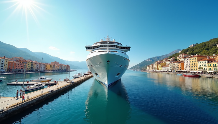 Eye-level view of a cruise ship docked at a vibrant coastal city harbor