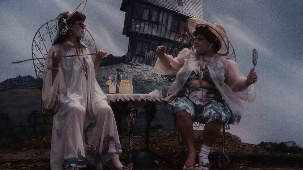 Tante Piquette (Joanna Lumlay) et Tante Eponge (Miriam Margolyes) devant leur maison. Je vous laisse deviner laquelle des deux est qui...