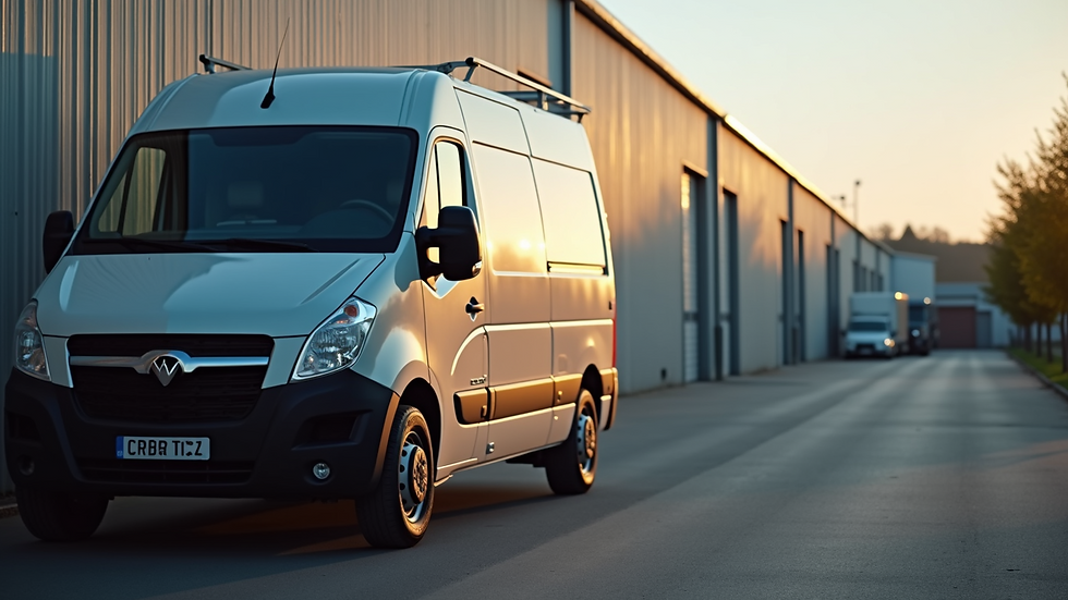 Close-up view of a courier van parked outside a warehouse
