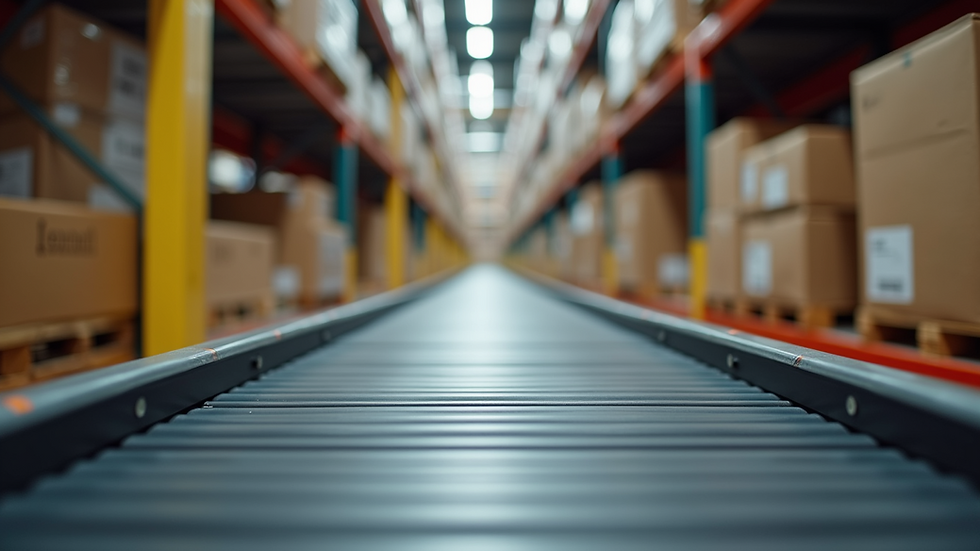 Eye-level view of a parcel conveyor belt in a shipping warehouse