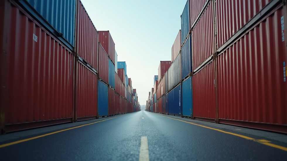Eye-level view of cargo containers stacked at a busy port