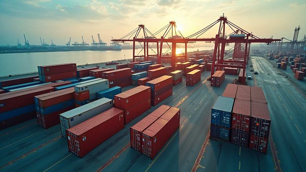 High angle view of cargo containers at a shipping port