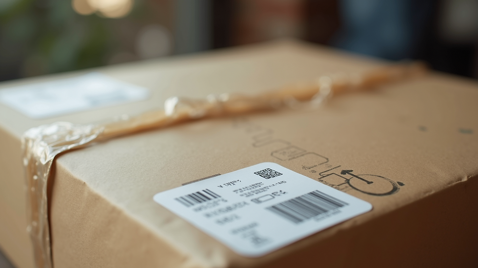 Close-up of a parcel with international shipping labels