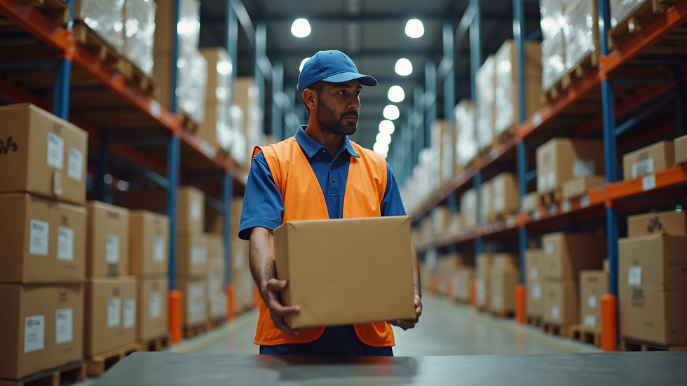 Eye-level view of a courier sorting parcels in a warehouse